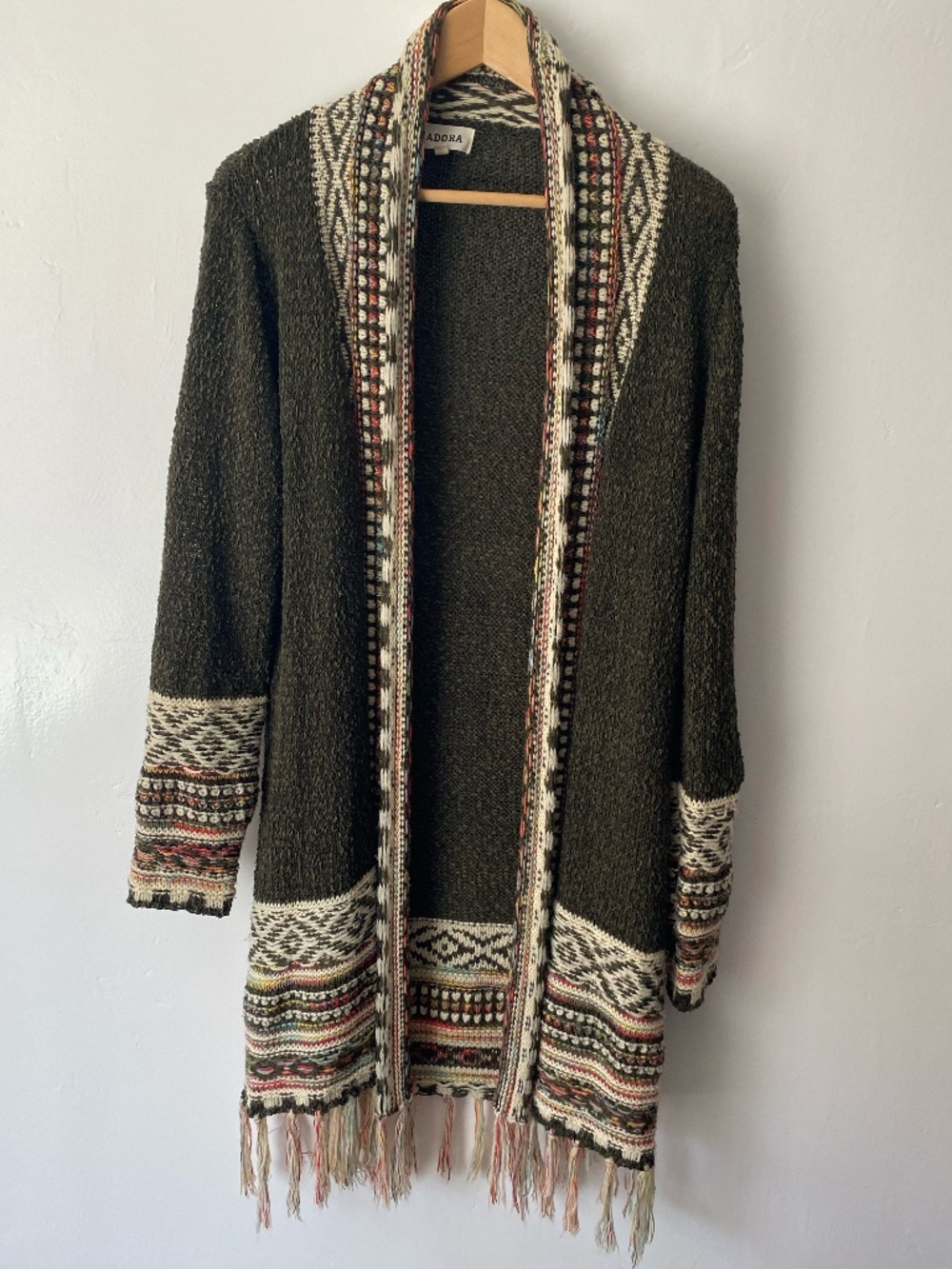 Adora Olive Green Fringe Long Cardigan Duster Sz S/M Sweater Boho Knit Open